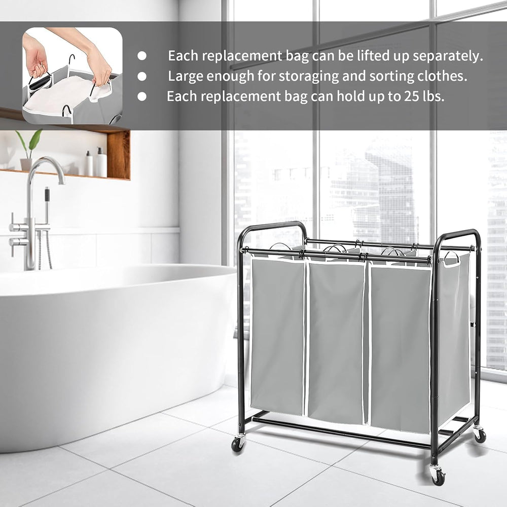 3 Bag Laundry Sorter Replacement Bags, Augot Large Hamper Cart Removable Repl...