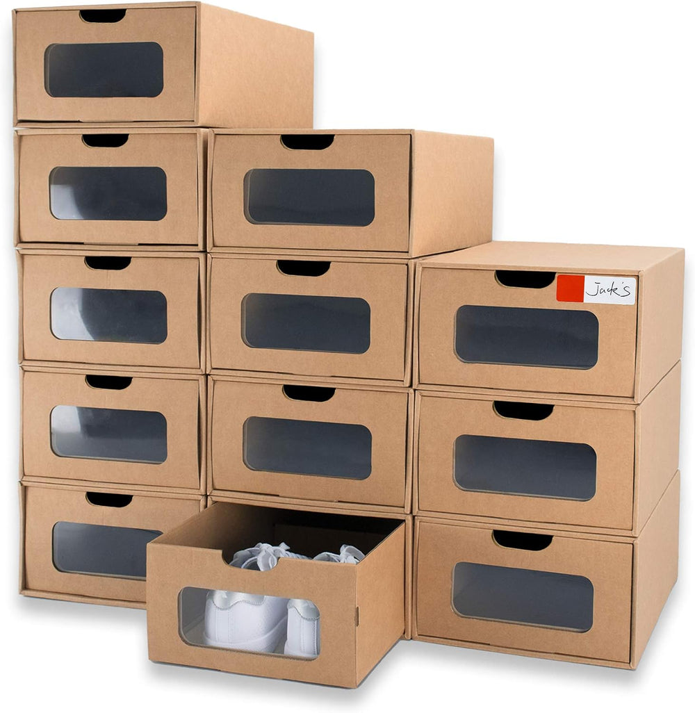 Cardboard Shoe Storage Boxes, 12 Pack, Foldable Stackable Drawer Organizers w...