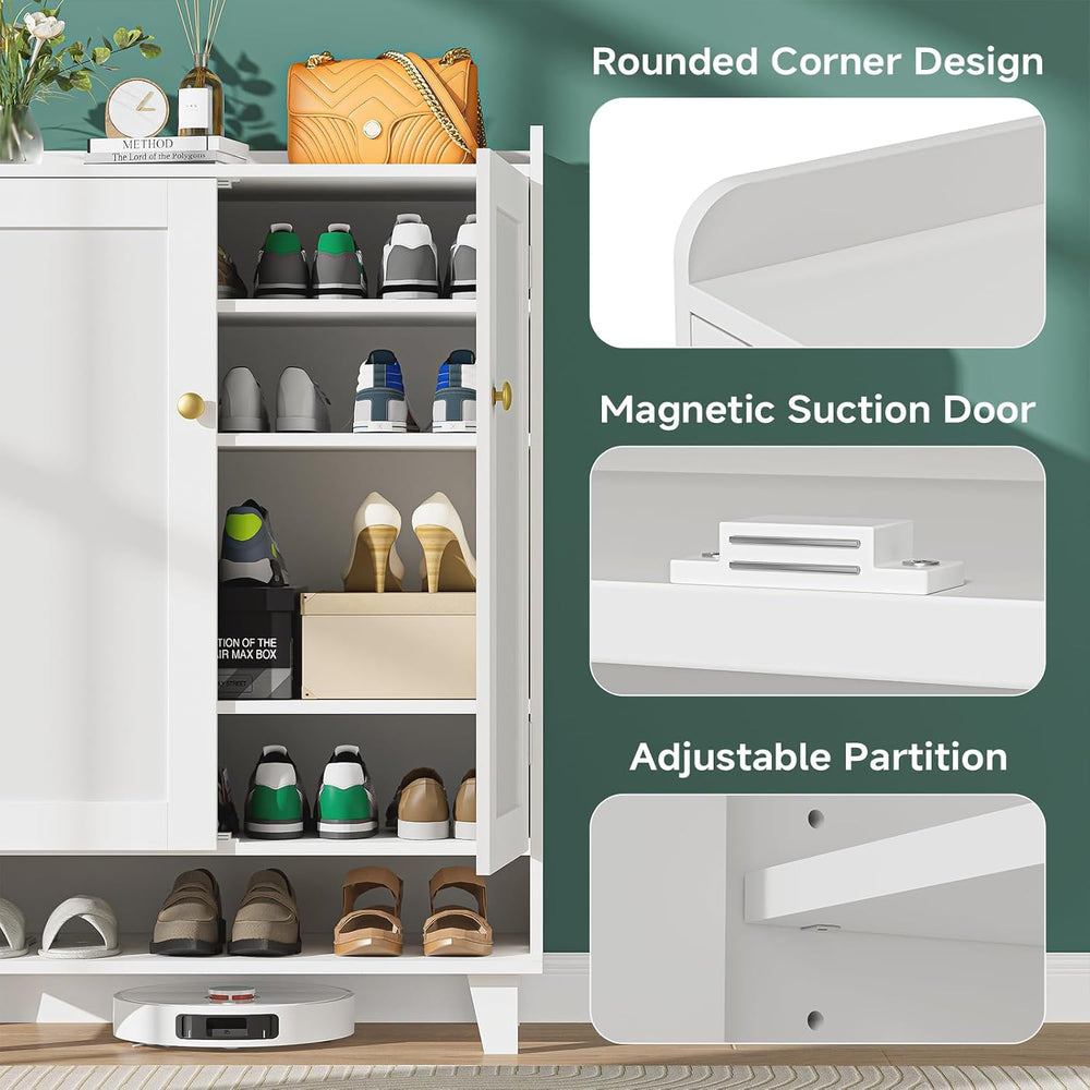 Flat-Shelf Shoe Cabinet with Doors，6-Tier Shoes Storage Cabinet with Adjustab...