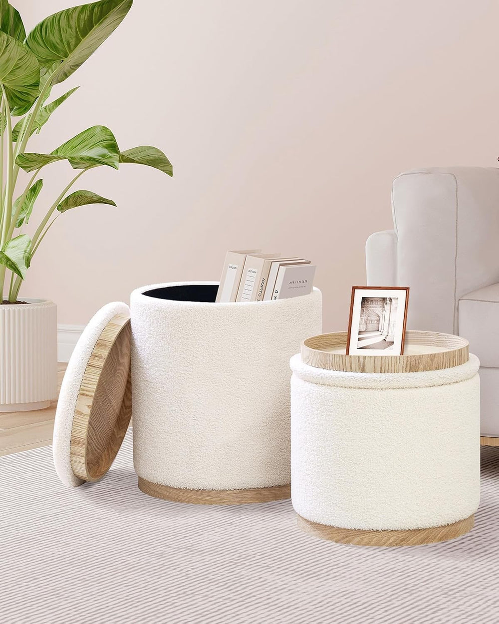 B FSOBEIIALEO 15" Boucle Storage Ottoman with Tray, Cream White, Set of 2