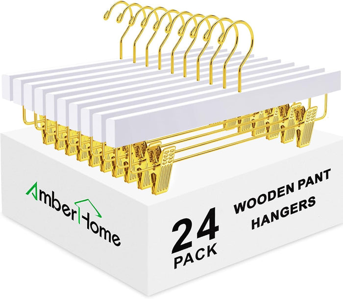 Amber Home 24 Pack White Wooden Pants Hangers with Gold Clips
