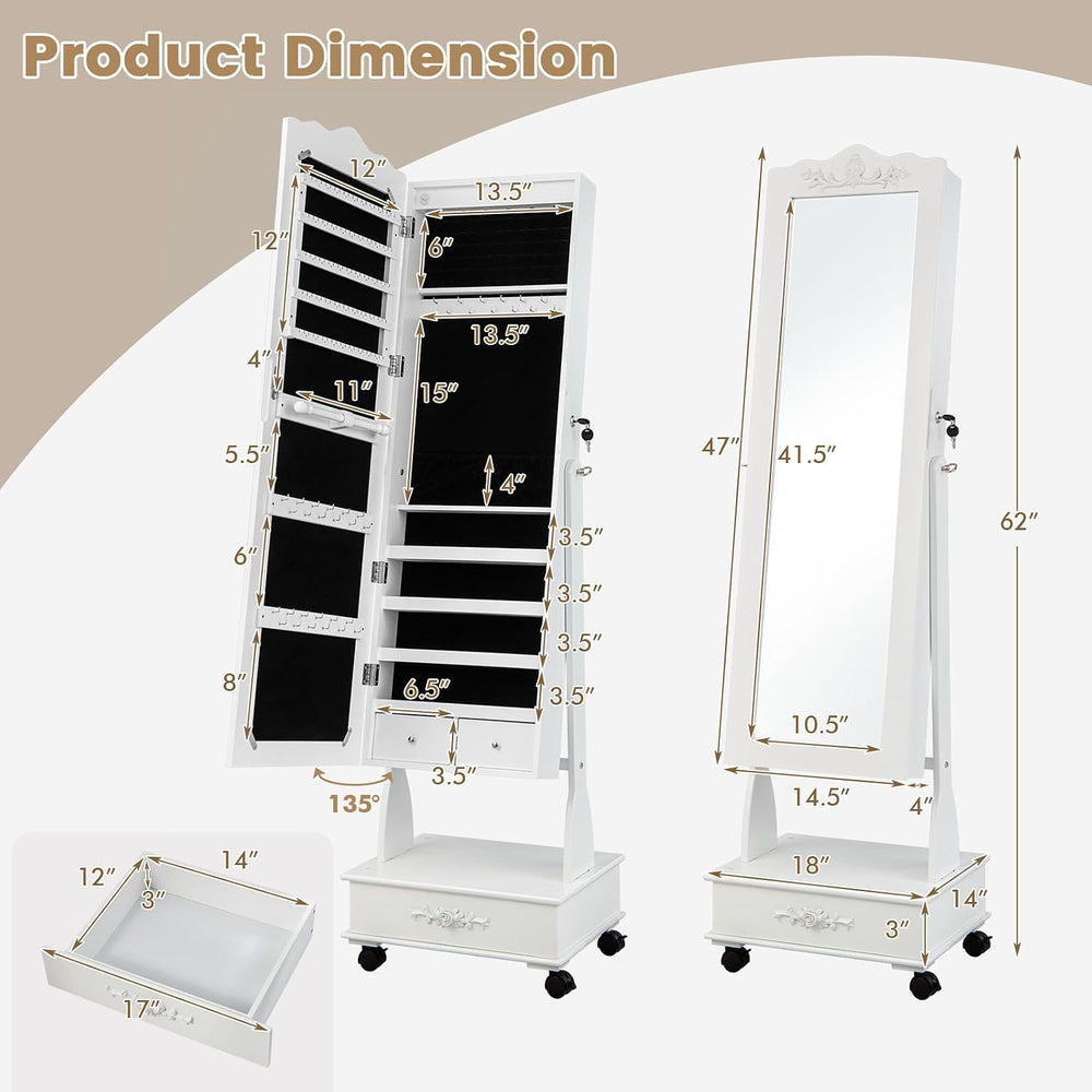 HAPPYGRILL Full Length Jewelry Armoire, Lockable Jewelry Organizer with Wheel...