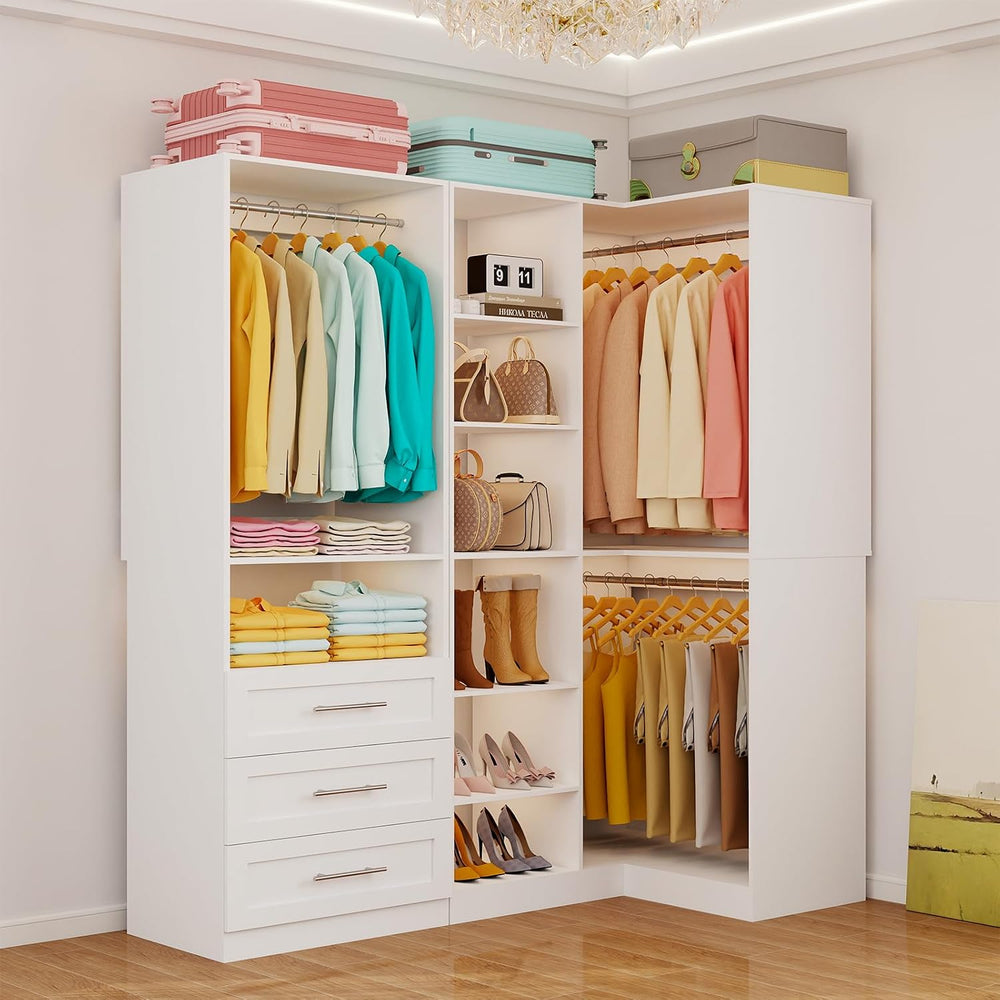 Fastgo Closet System with 3 Drawers, Corner Closet System with 5 Hanging Rods...