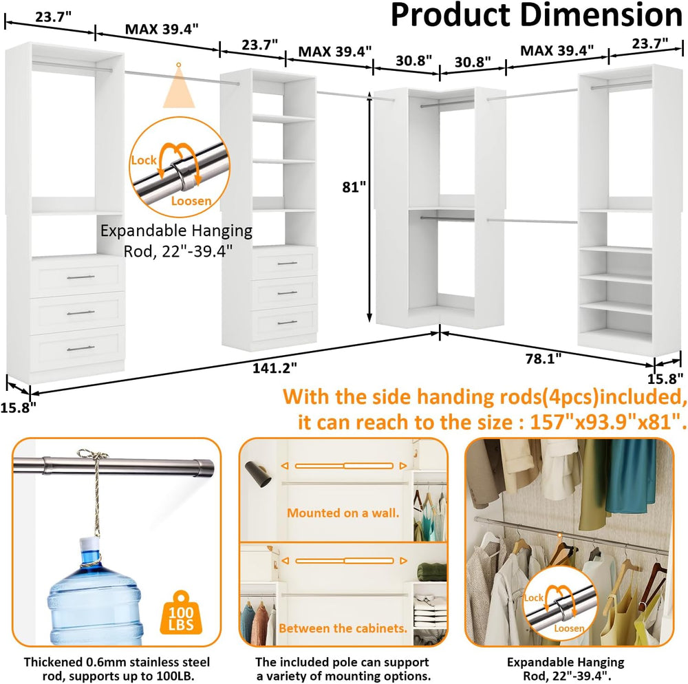 Vomavex Closet System with 4 sets, 101.9" Closet Organizer Systems with ...