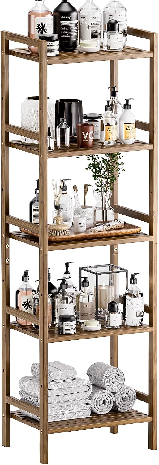 HITNET Bamboo Book Shelf, Tall Narrow Bookcase, Bathroom Shelving Unit 5 Tier...