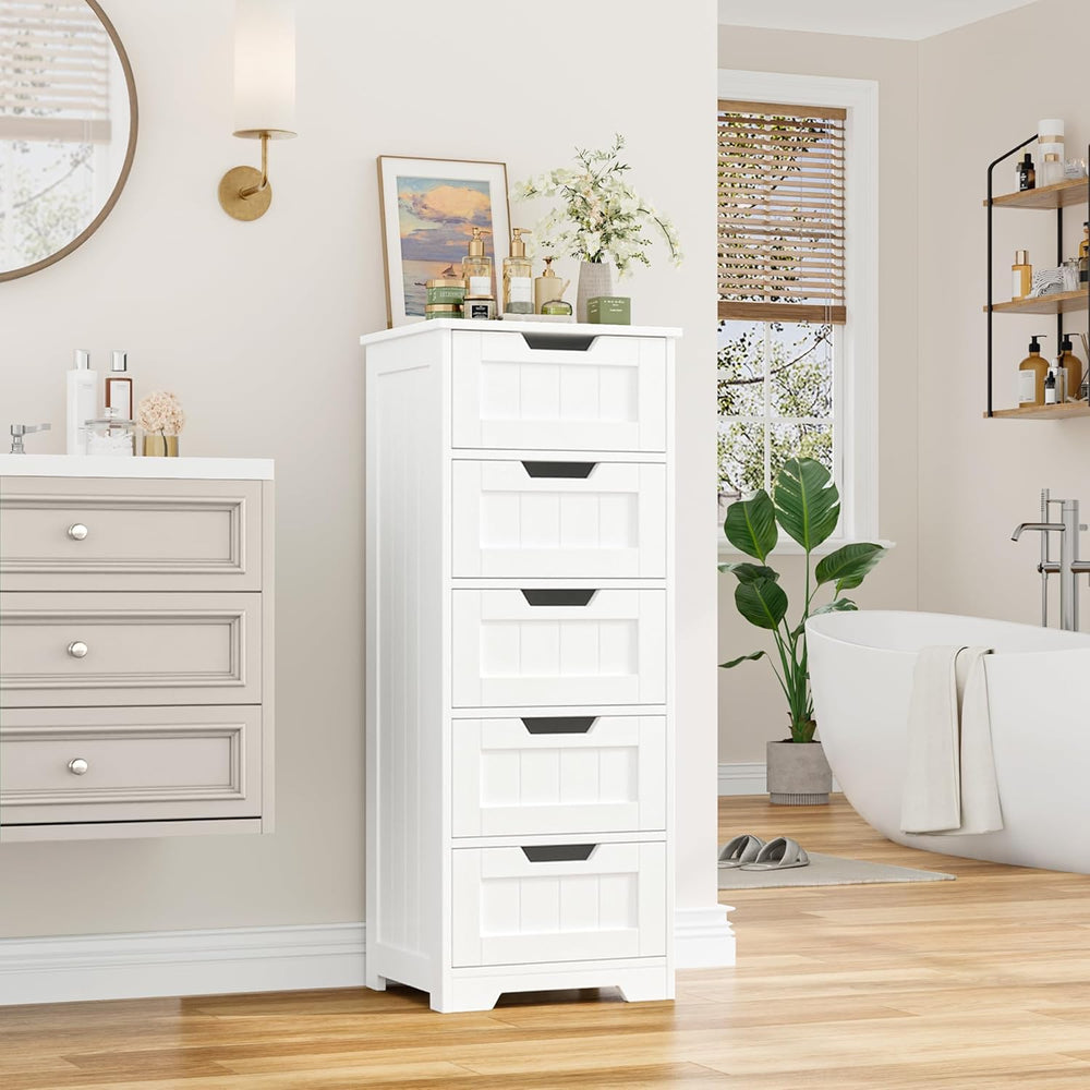 FOTOSOK Bathroom Cabinet, Bathroom Storage Cabinet with 5 Drawers, White