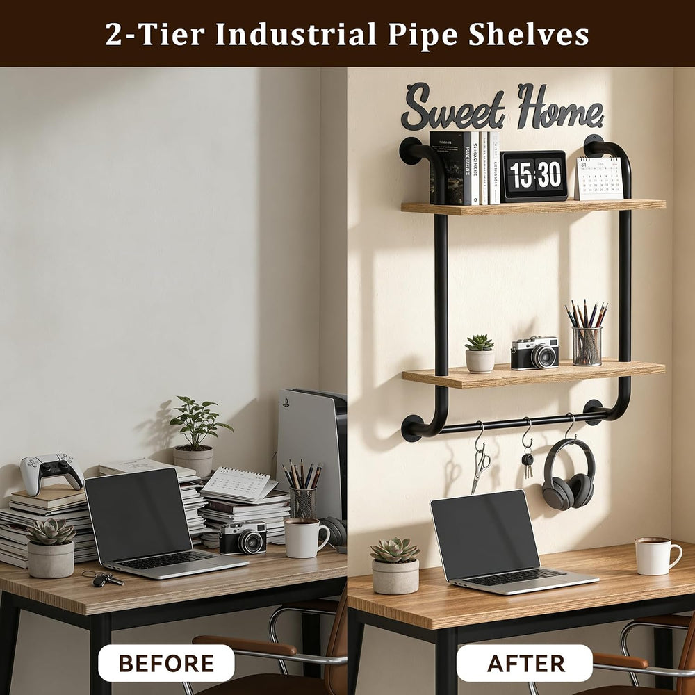 Tinpin Bathroom Shelves Wall Mounted, Rustic Farmhouse Pipe Shelves, 2-Tier, ...