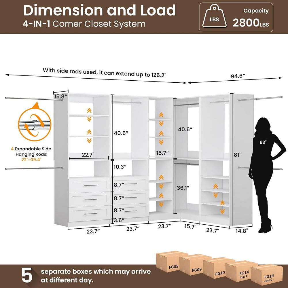 Closet System with 6 Drawers, Corner Closet System with 15 Shelves & 8 Ha...