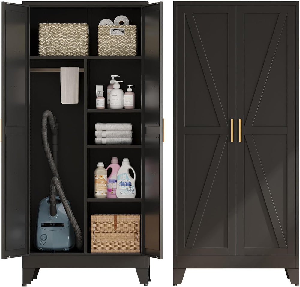 71" Metal Storage Cabinet, Tall Utility Closet Cabinet with Hanging Rod,...