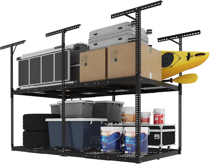 FLEXIMOUNTS 4x8 2-Tier Overhead Ceiling Garage Storage Rack, Black