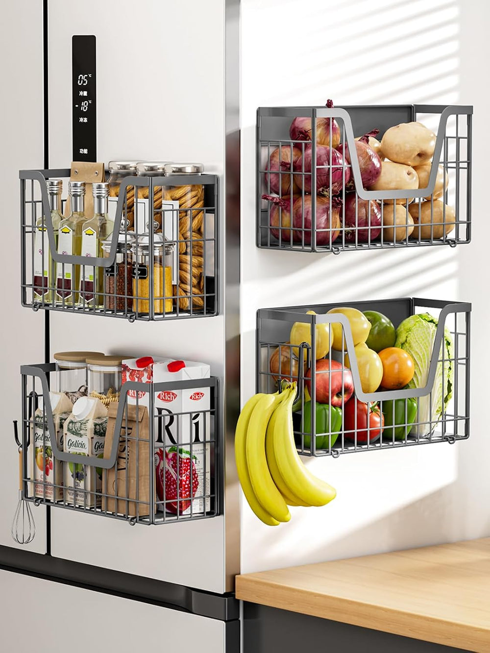 4 Pack Magnetic Shelf for Fridge, Fruit Potato and Onion Storage Bins, Magnet...