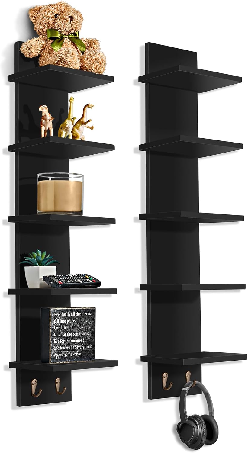Sorbus 5-Tier Floating Wall Shelf with Hooks, 31 Inch (2 Pack, Black)