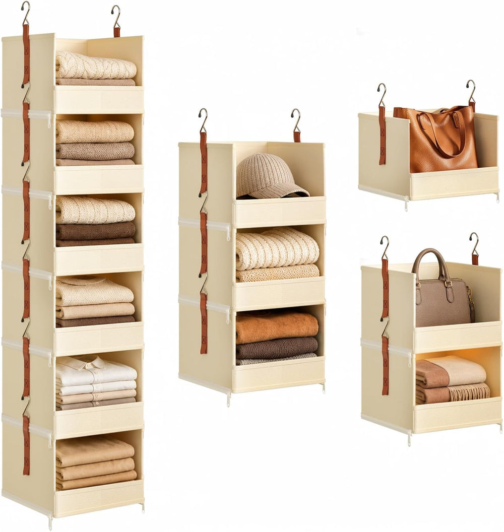 DIMJ Hanging Closet Organizer - 6-Tier Modular Hanging Shelves with Zippers H...