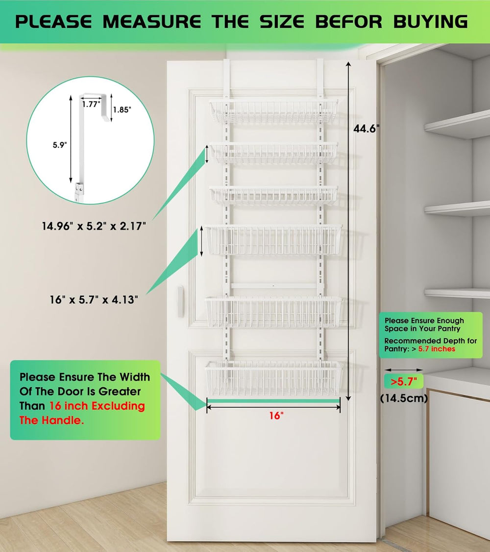 Mefirt Over The Door Pantry Organizer, 6-Tier Deep Baskets, White