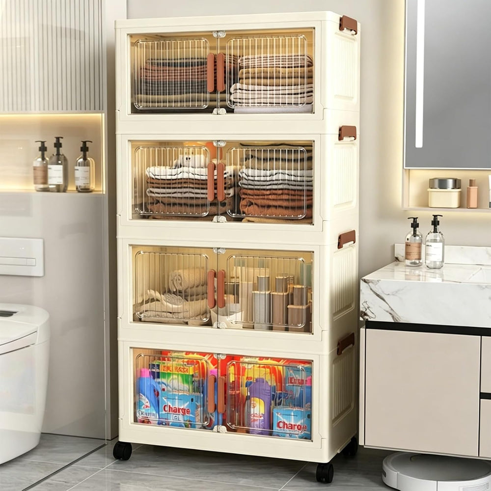 124QT Stackable Collapsible Storage Bins withLids and Front Doors, Rolling Li...