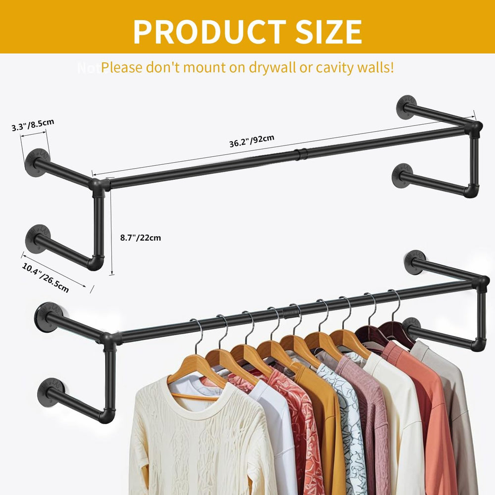 Industrial Pipe Clothing Rack,Heavy Duty Wall Mounted Black Iron Garment Bar,...