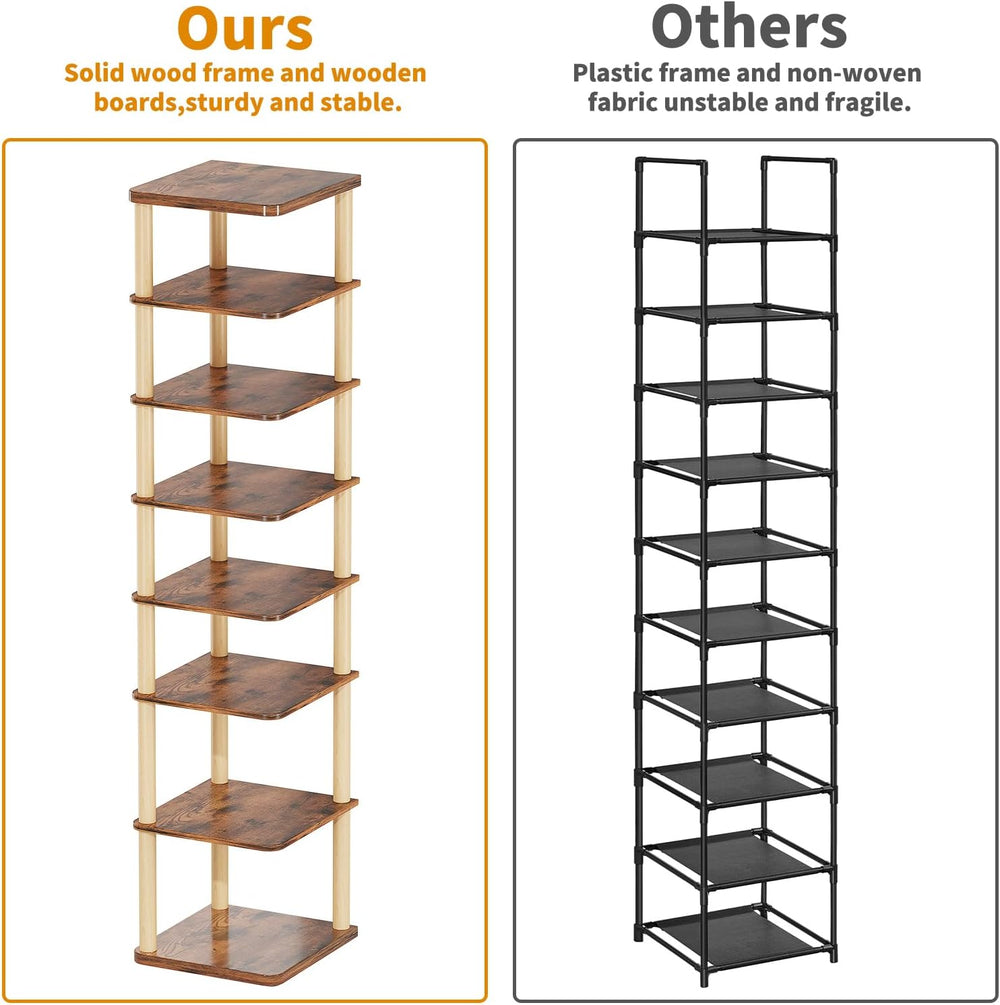 8 Tiers Vertical Shoe Rack, Tall Narrow Shoe Tower, Corner Shoe Rack, Brown