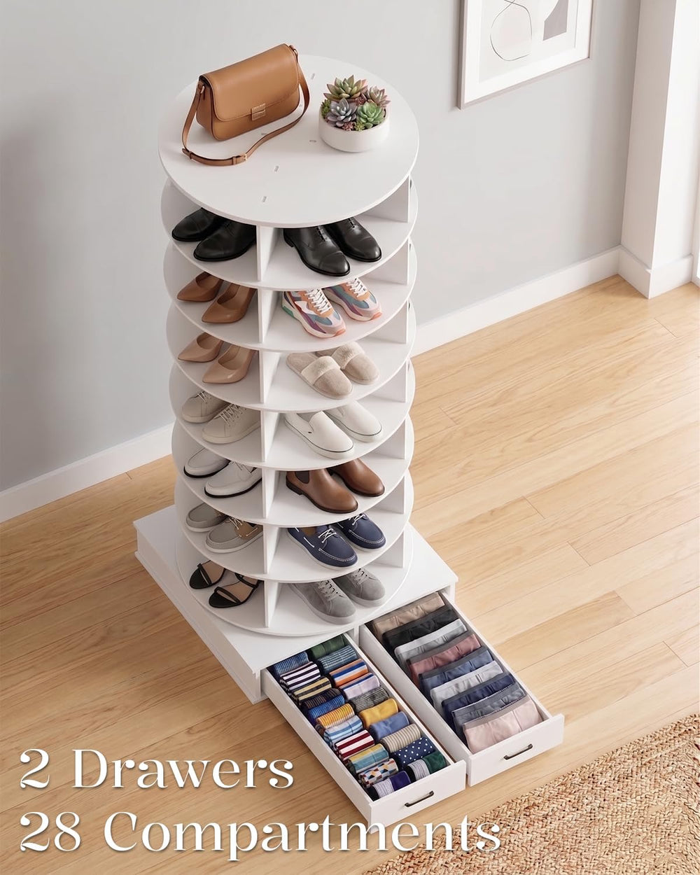 8 Tier Rotating Shoe Rack Contains 2 Drawers Shoe Tower Organizer