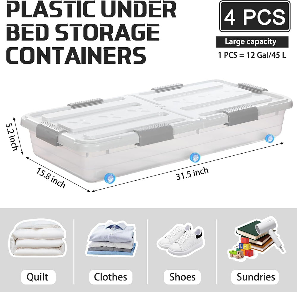 Beeveer 4 Pcs Plastic Under Bed Storage Container 31.5x15.8x5.2inch, White