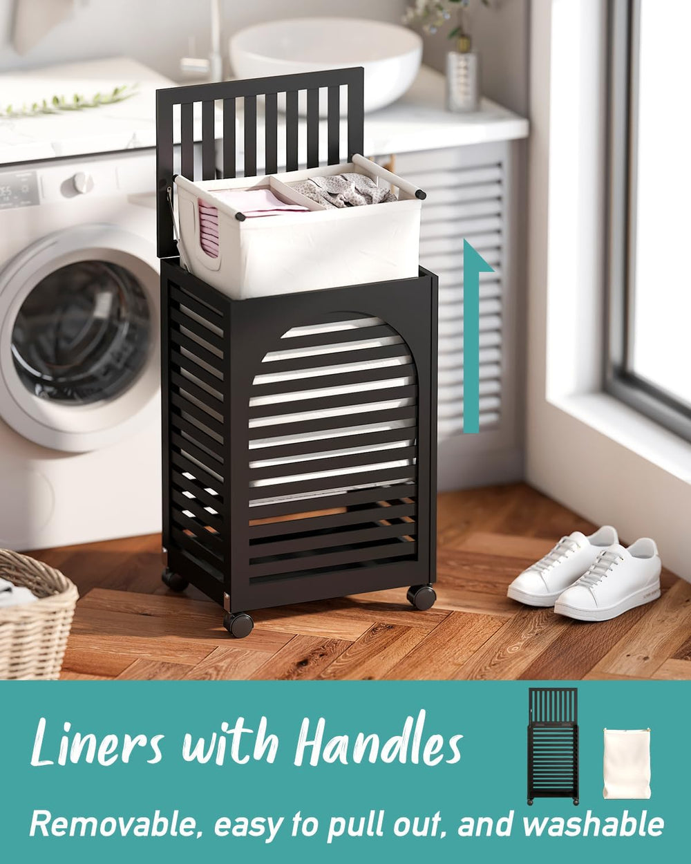 Black Laundry Hamper with Wheels, Laundry Basket with Lid, 22.5 Gallon (85L) ...