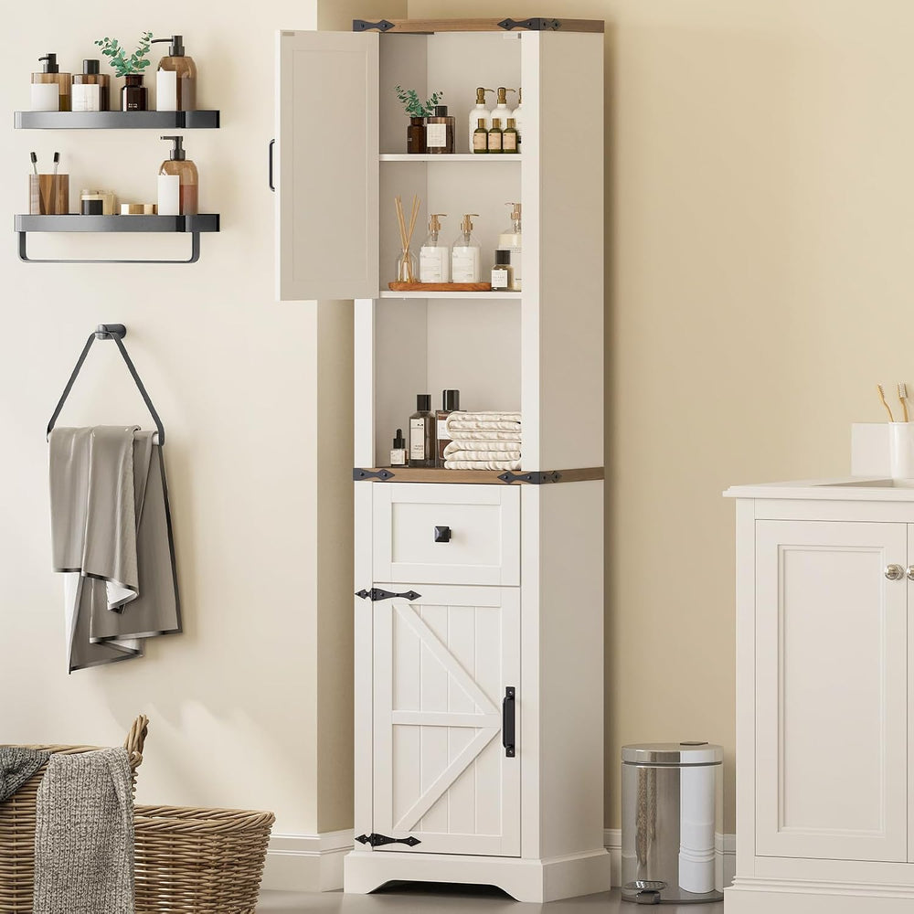 66" Tall Farmhouse Bathroom Storage Cabinet with Barn Doors,Unique White