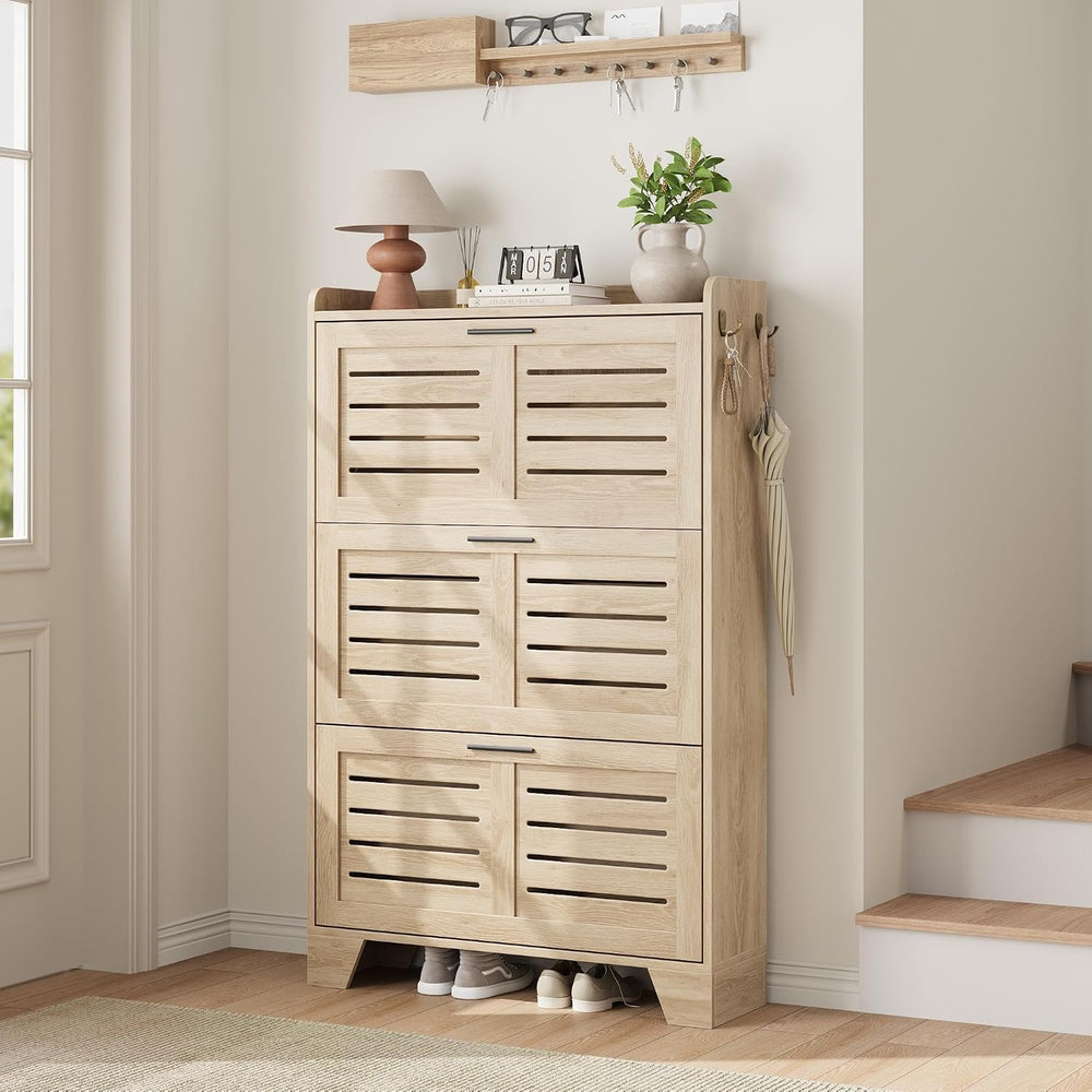 GarveeHome Shoe Cabinet Storage for Entryway, Narrow Shoe Cabinet, Oak