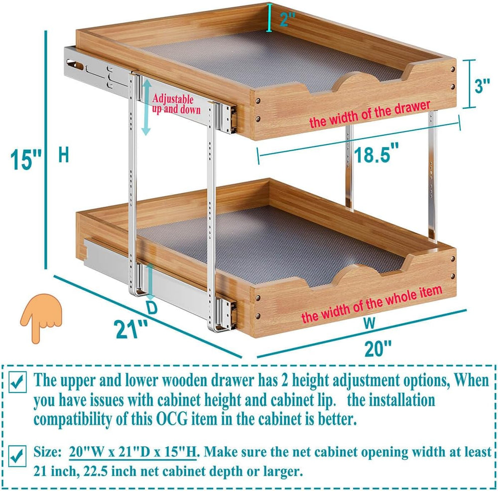 OCG 2 Tier Pull Out Cabinet Organizer (20"W x 21"D), Heavy-Duty Sli...