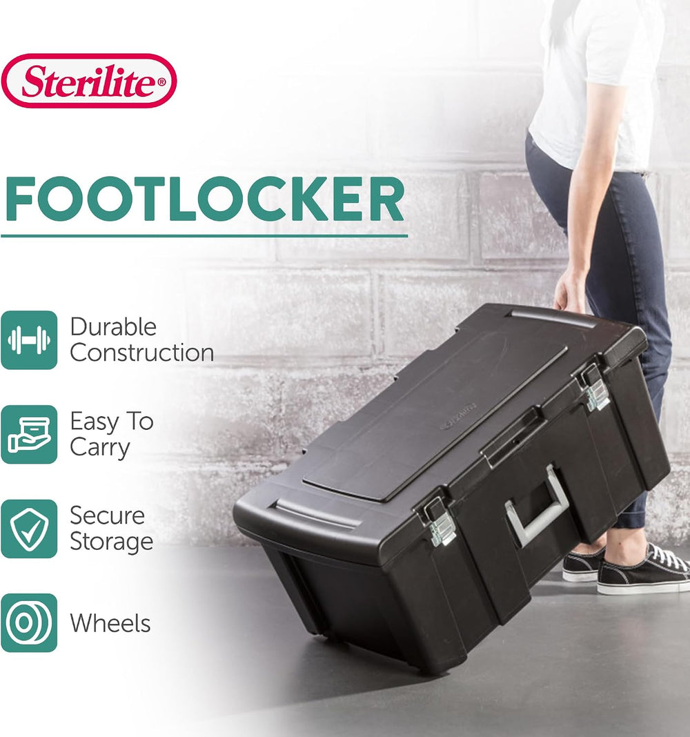 Sterilite Footlocker, Stackable Storage Bin with Latching Lid, Wheels and Han...