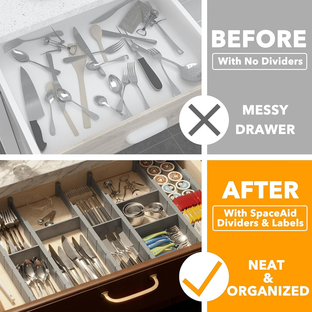 SpaceAid Bamboo Drawer Dividers with Inserts and Labels, Kitchen Adjustable D...