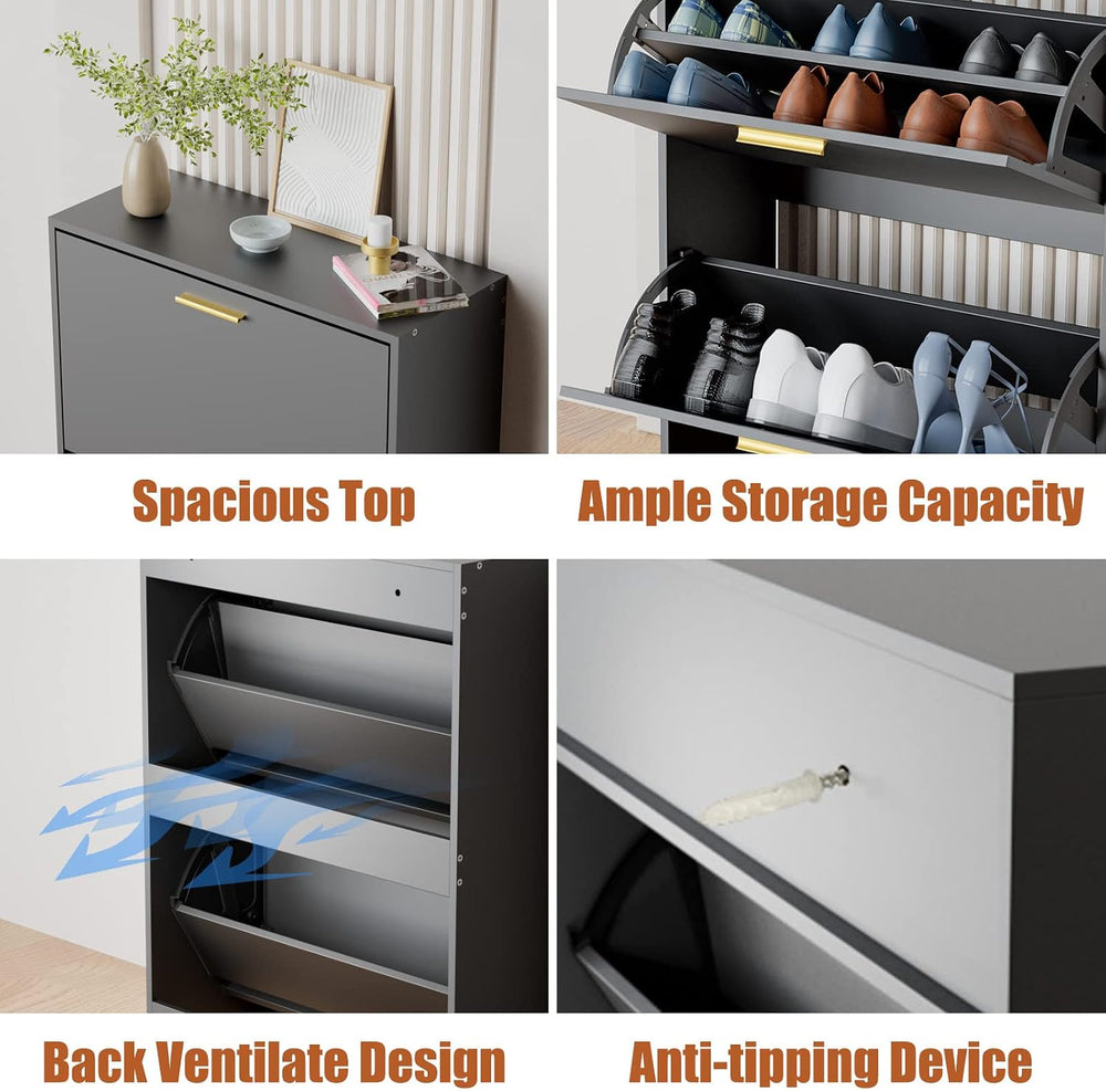 JOZZBY Shoe Cabinet Storage Set of 2 with 2 Flip Drawers, Black丨Slim Freestan...