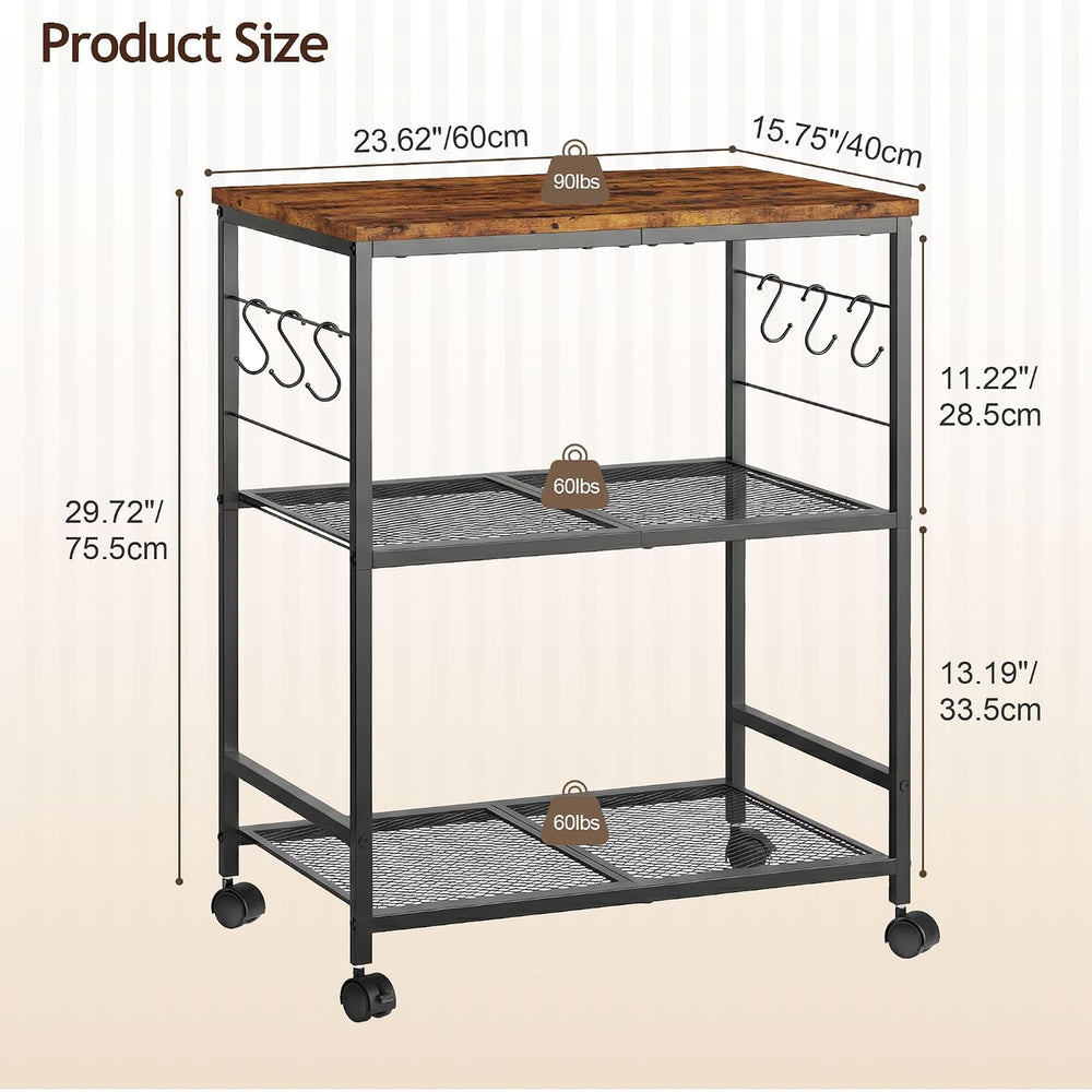 3-Tier Rolling Kitchen Microwave Cart with Storage, Mobile Kitchen Utility Ca...