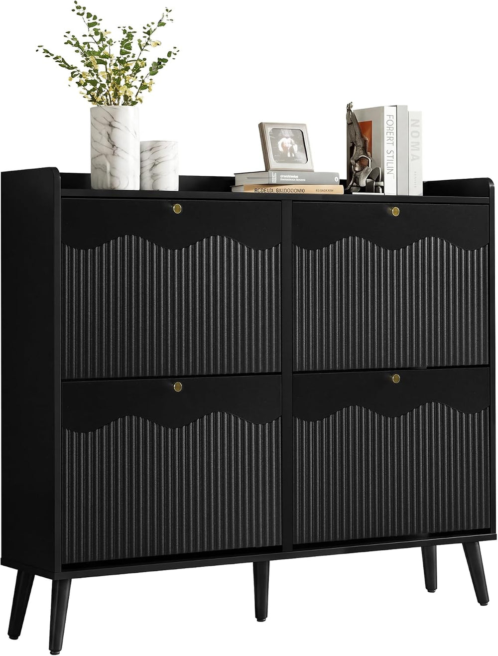 BERRYMERRY Black 47.2” Shoe Storage Cabinet with 4 Flip Drawers