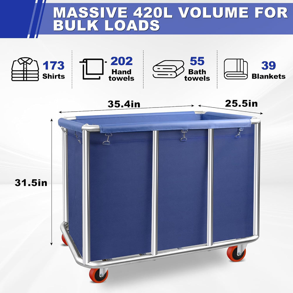 420L Commercial Rolling Laundry Cart, 440lbs Heavy Duty Steel Hamper, Blue