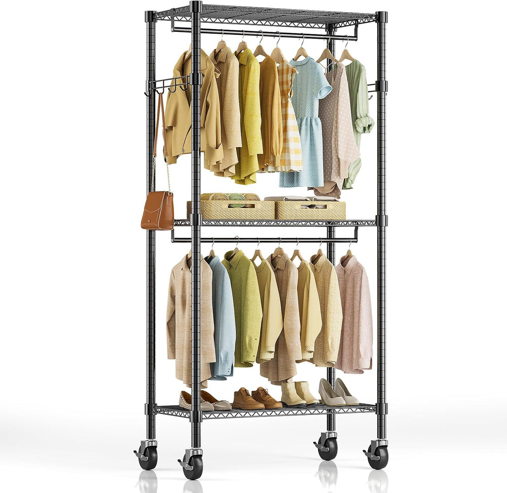 Simple Deluxe Rolling Clothes Rack, Heavy Duty Clothing Rack, 3-Shelf Portabl...