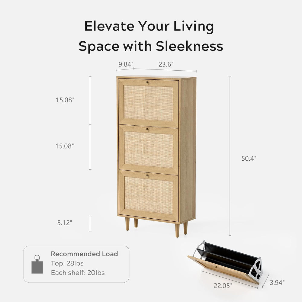 EYYTHUNG Rattan Shoe Cabinet Narrow Shoe Storage Cabinet with 3 Flip Drawers ...