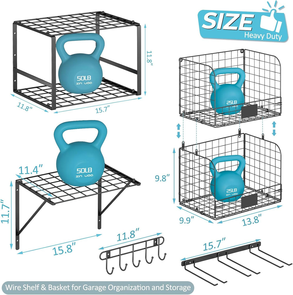 ThreeHio Garage Shelf Wall Mounted with Wire Baskets, Heavy Duty Garage Wall ...
