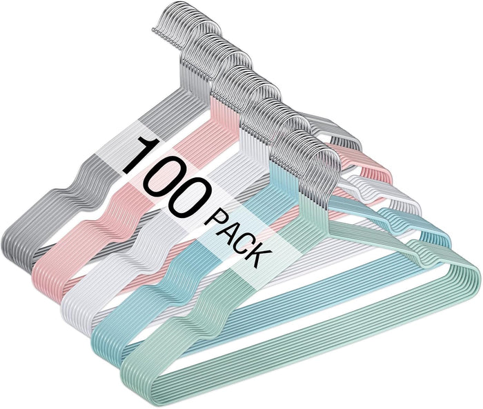 Wesiti 100 Pcs Metal Wire Non Slip Hangers for Clothes Space Saving Hanger Strong 15.7 in Triangle Clothes Coat Suit Bridal Boutique Dress for Closet Dorm Rack(Colorful)