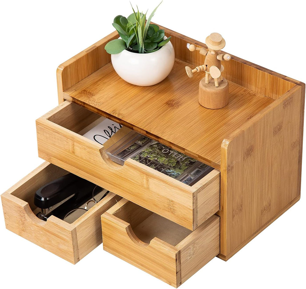Rustic Bamboo Desk Organizer with Drawers,3-Drawer Desktop Storage Box