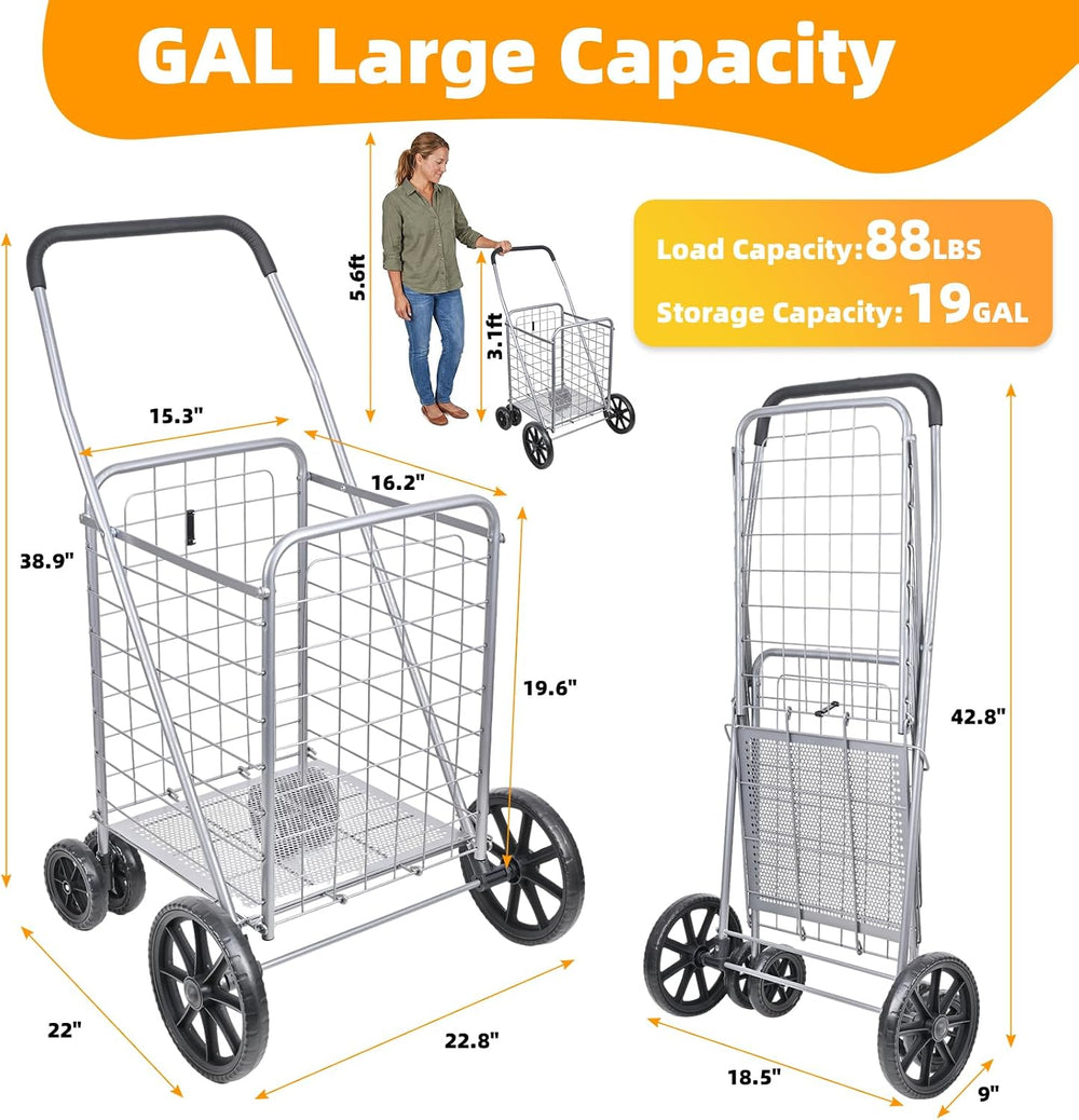 Folding Shopping Cart with Large Front Wheels, Grocery Cart with Waterproof L...