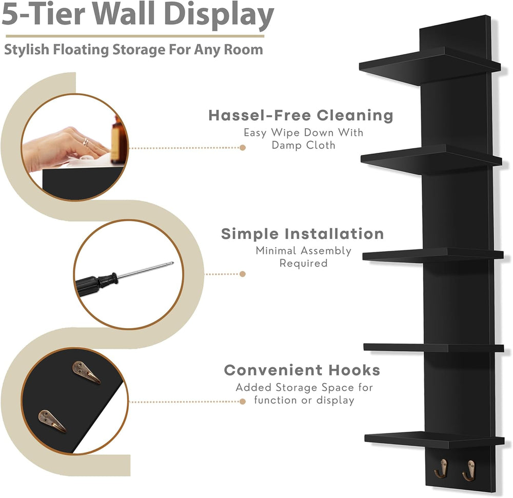 Sorbus 5-Tier Floating Wall Shelf with Hooks, 31 Inch (2 Pack, Black)