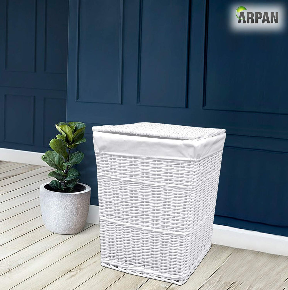 ARPAN Large Wicker Laundry Basket with White Lining, 32LX45WX59H