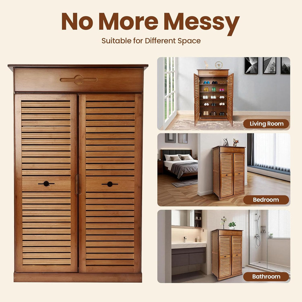 5 Tier Shoe Cabinet with Drawer, Bamboo Shoe Cabinet Organizer with Door, Ret...