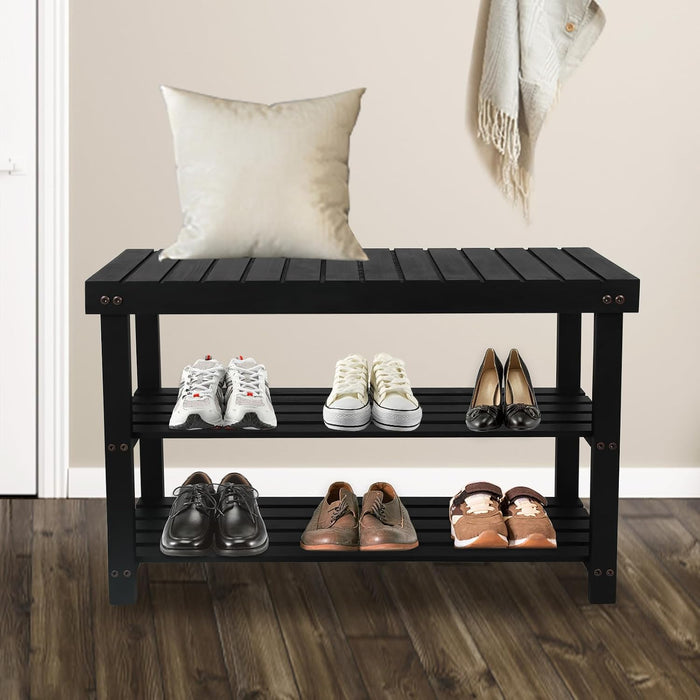 ACEHOME 3 Tier Shoe Organizer Bench, Freestanding Wooden Shoe Rack, Black