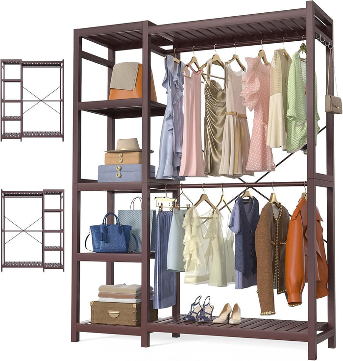 Homykic Bamboo Clothing Rack with Shelves, 41” Wide Clothes Rack, Espresso