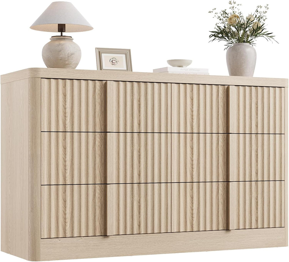 YANSNWO 47" Wide Fluted 6 Drawer Dresser for Bedroom, Natural Oak