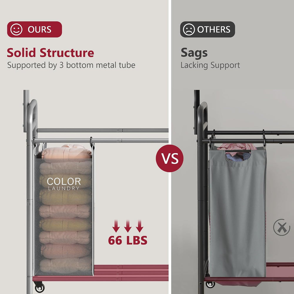 Tajsoon Laundry Sorter 3 Section, Laundry Cart with Hanging Rack, Gray
