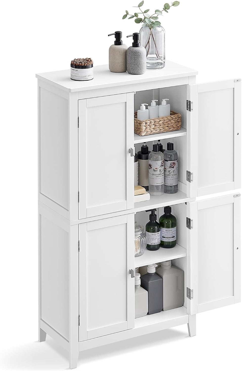 VASAGLE Bathroom Floor Storage Cabinet with 4 Doors, Cloud White