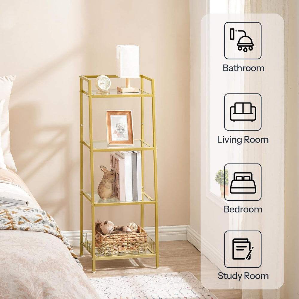 HOOBRO Gold Glass Shelf Stand, 4 Tier Standing Shelf Unit, Bathroom Organizer...