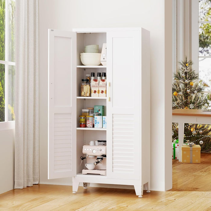 61" H Storage Cabinet, Freestanding Kitchen Pantry Cabinet with Louvered Doors, Adjustable Shelves Tall Kitchen Cabinet for Kitchen Dining Room Laundry Room, 61" H x28 W x14 D, White