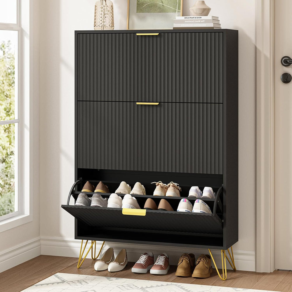 Fluted Shoe Cabinet with 3 Flip Drawers, Gold Handle and Metal Legs, Black丨Fl...
